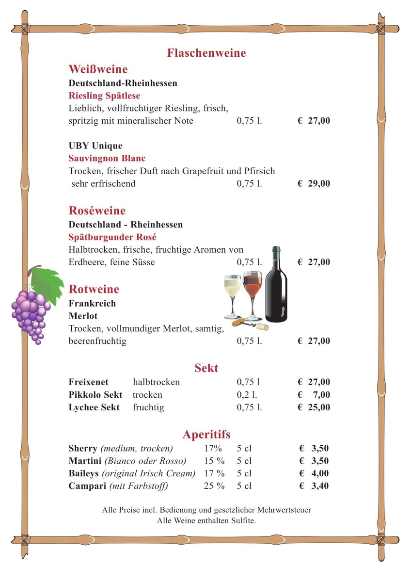 Flaschenweine und Aperitifs